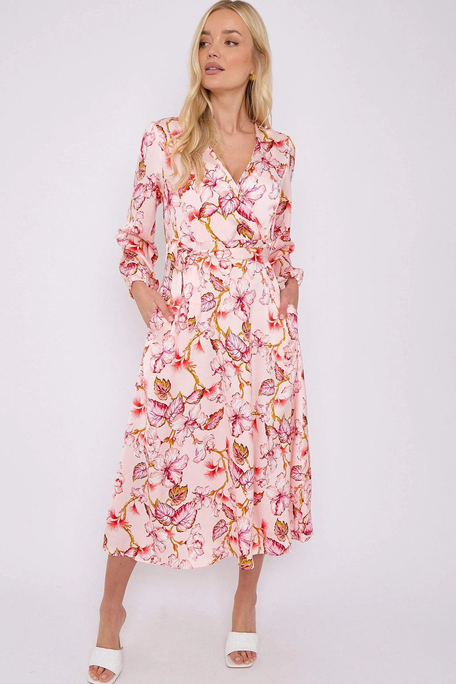 Pink Floral Printed V Neck Midi Dress by LOVE SUNSHINE sold by Goddiva product image thumbnail 3