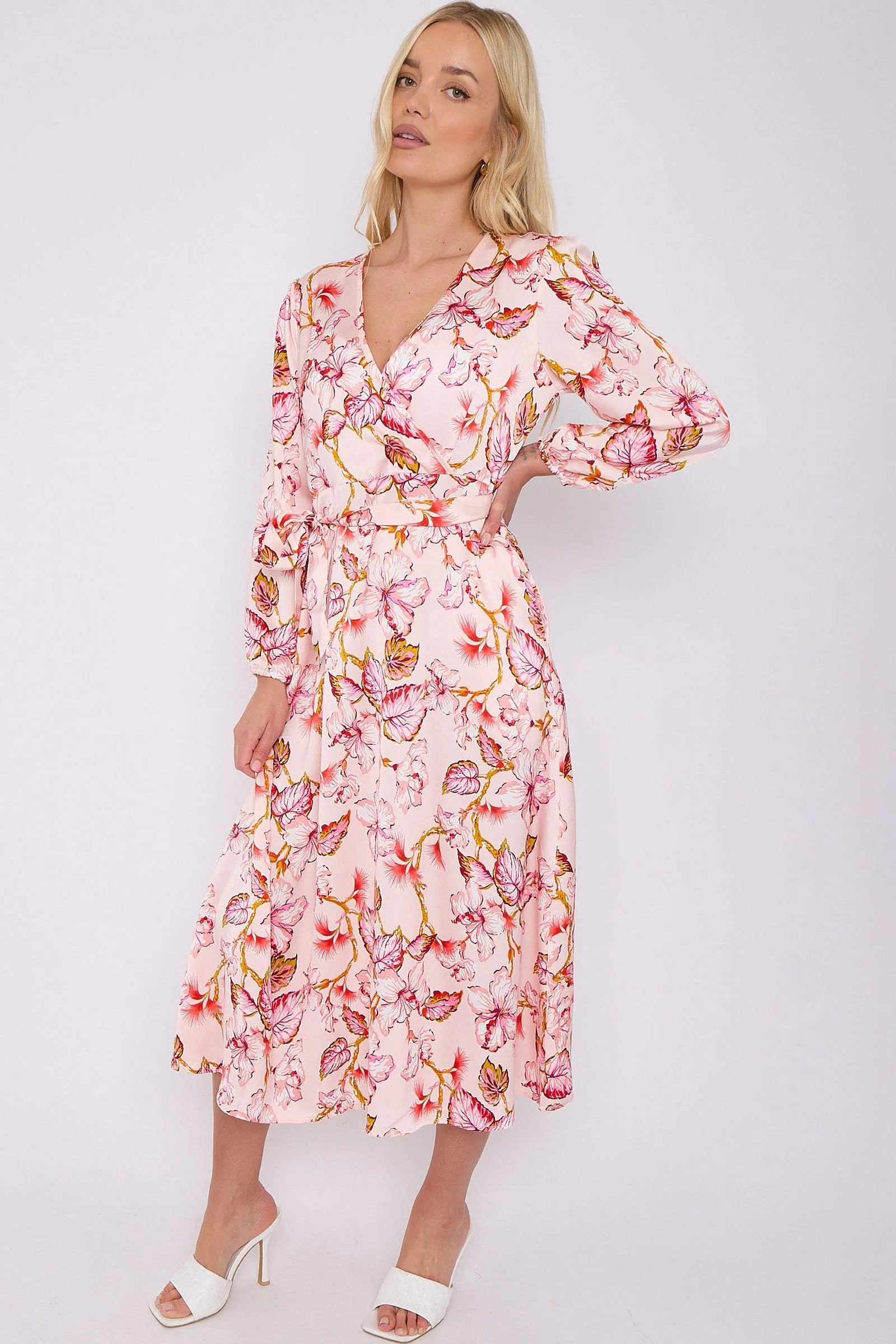 Pink Floral Printed V Neck Midi Dress by LOVE SUNSHINE sold by Goddiva product image thumbnail 4