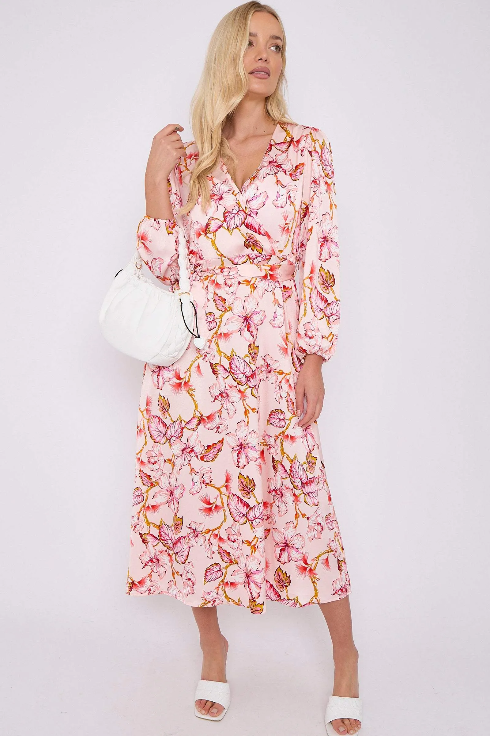 Pink Floral Printed V Neck Midi Dress by LOVE SUNSHINE sold by Goddiva