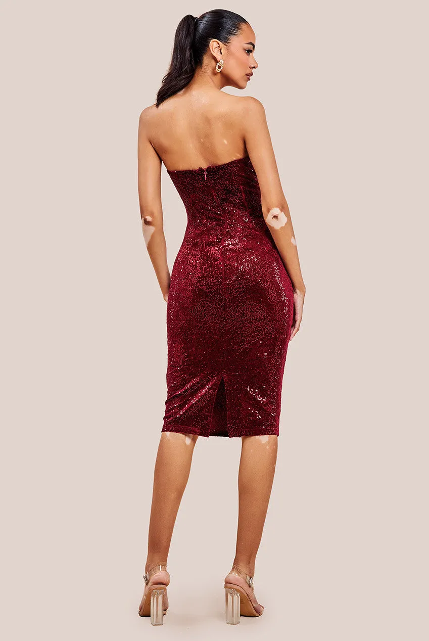 Bandeau Sequin & Velvet Midi Dress - Wine by Goddiva sold by Goddiva product image thumbnail 2