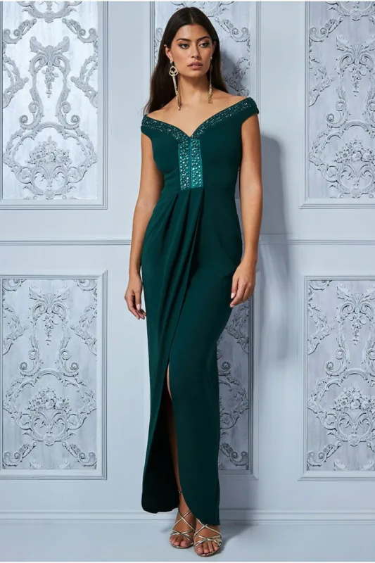 Goddiva Off The Shoulder Tulip Maxi Dress - Emerald Green sold by Goddiva