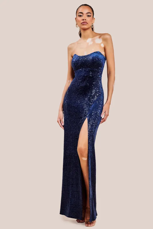 Sequin Velvet Bandeau Maxi Dress - Navy by Goddiva sold by Goddiva