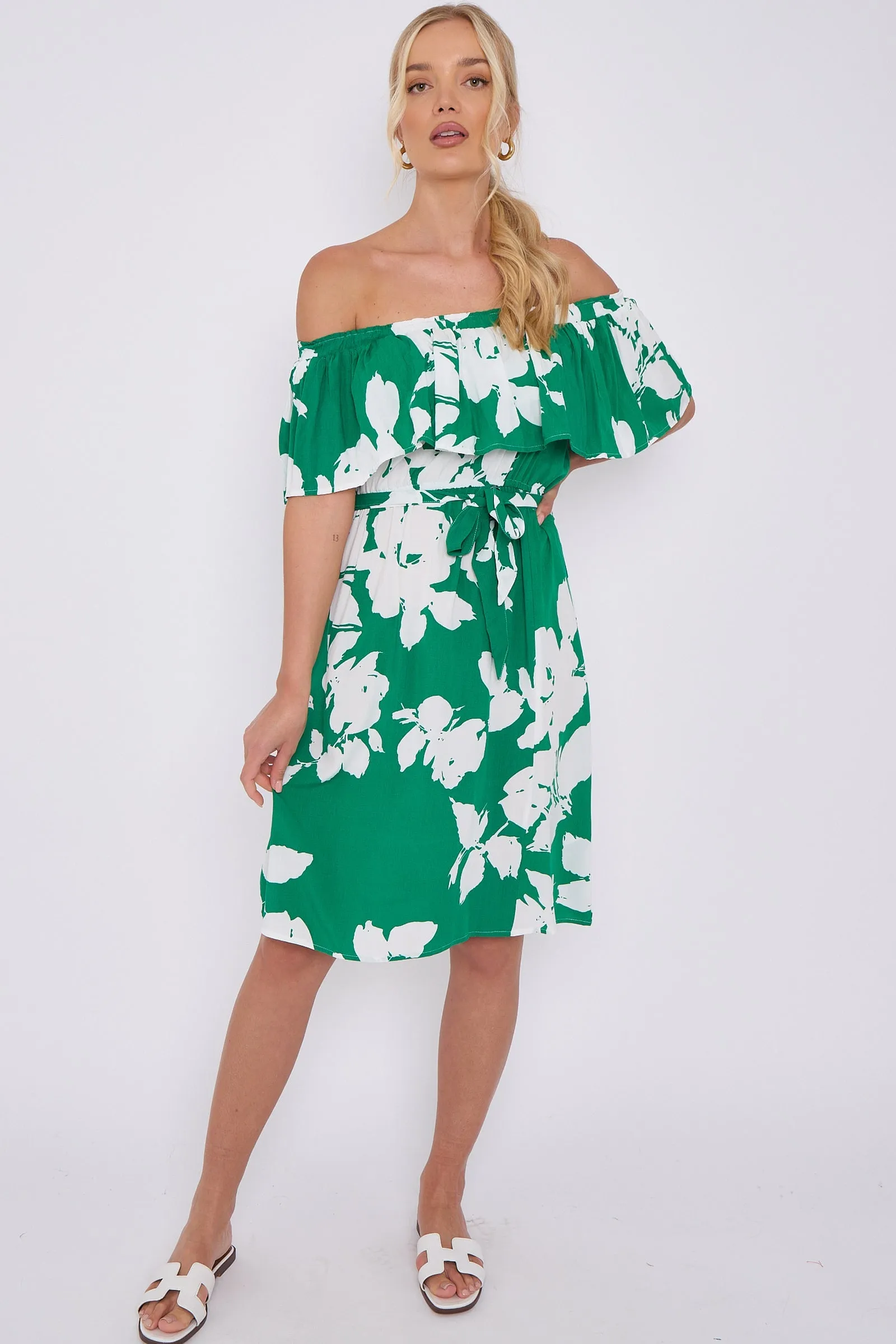 LOVE SUNSHINE Green Floral Print Bardot Mini Dress sold by Goddiva product image thumbnail 2