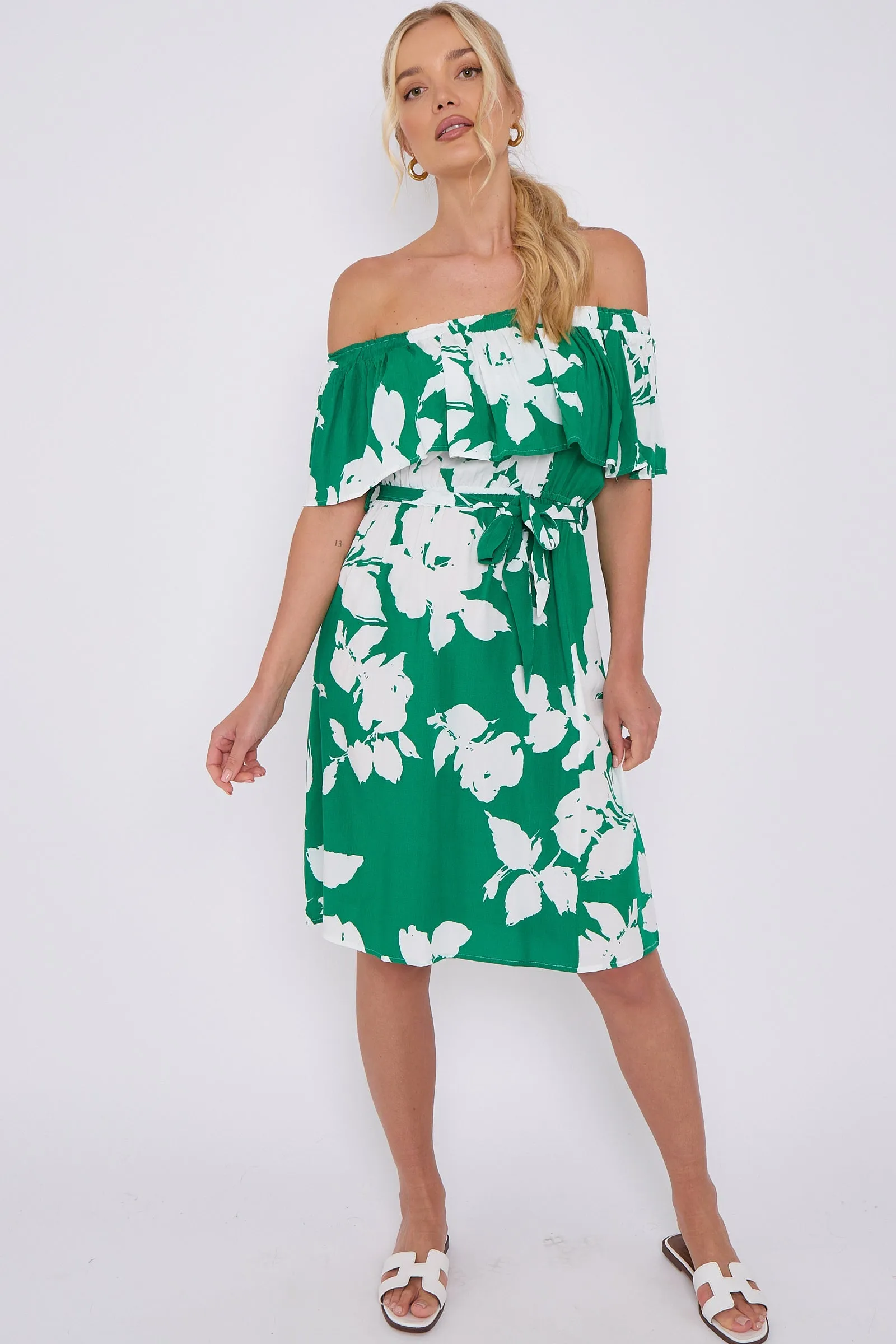LOVE SUNSHINE Green Floral Print Bardot Mini Dress sold by Goddiva product image thumbnail 3