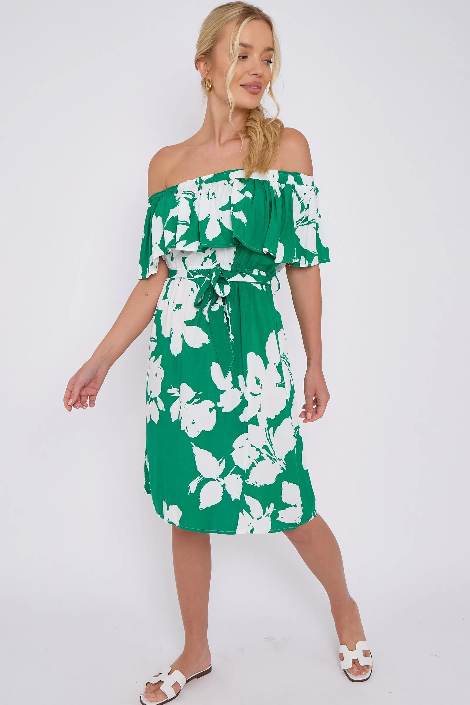 LOVE SUNSHINE Green Floral Print Bardot Mini Dress sold by Goddiva product image thumbnail 4