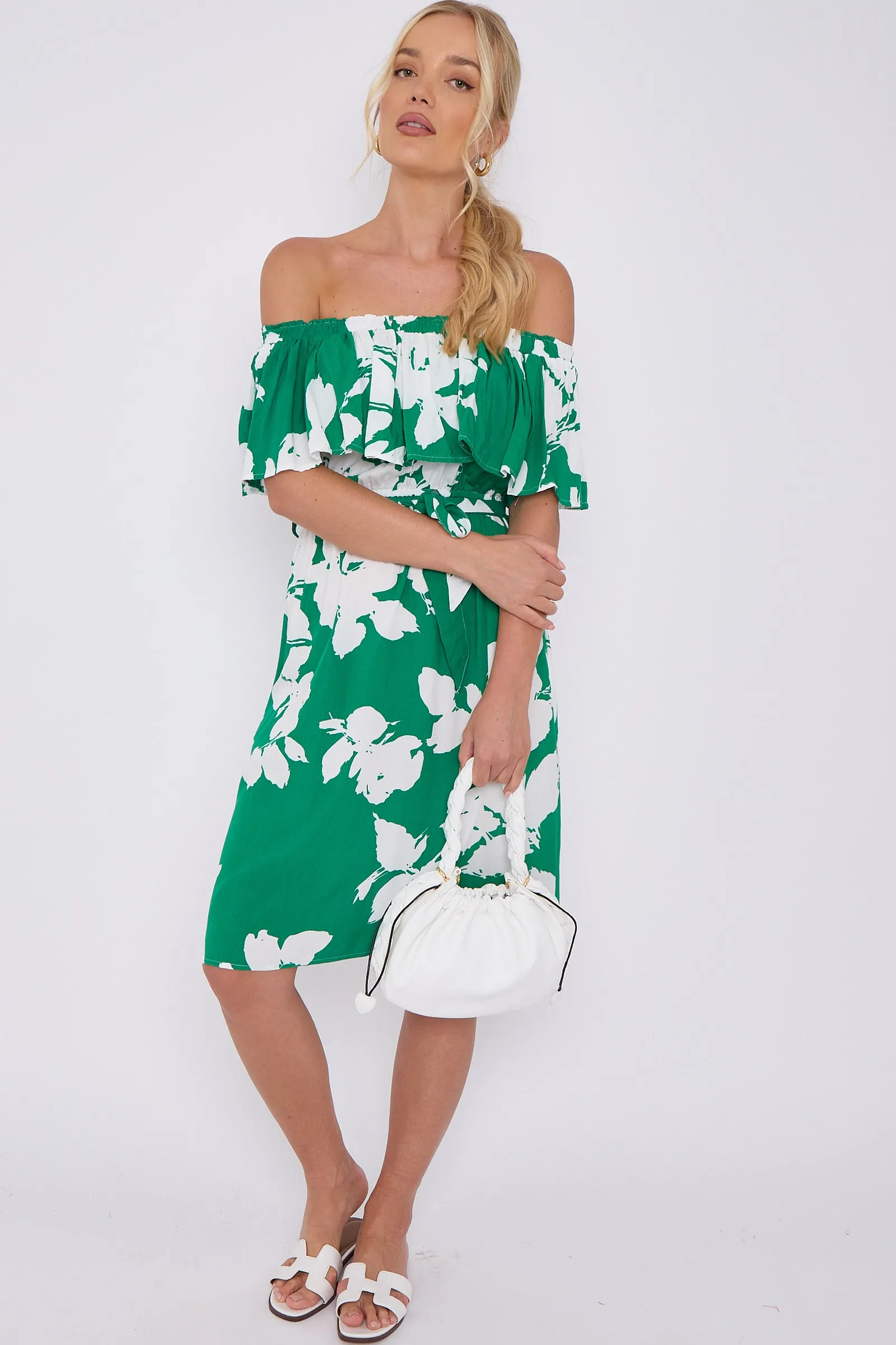 LOVE SUNSHINE Green Floral Print Bardot Mini Dress sold by Goddiva