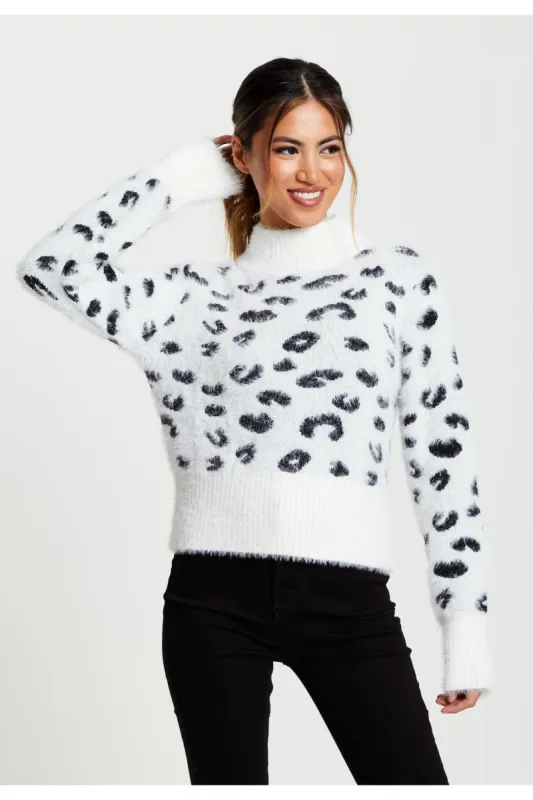 Liquorish Fluffy Animal High Neck Jumper In Black And White sold by Goddiva