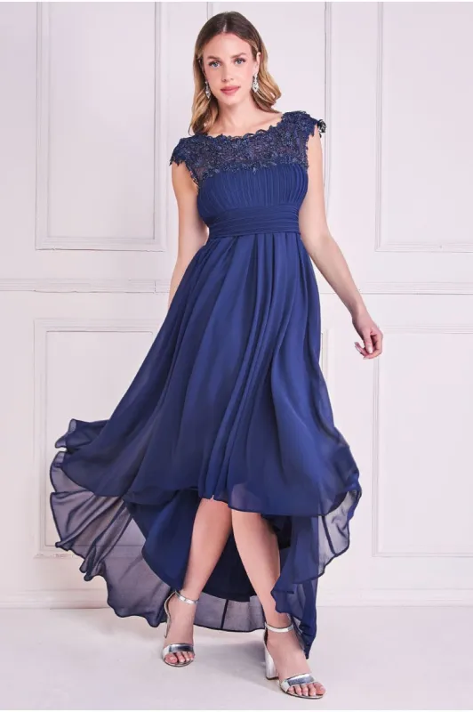 Crochet & Pleated Top High Low Maxi - Navy by Goddiva sold by Goddiva