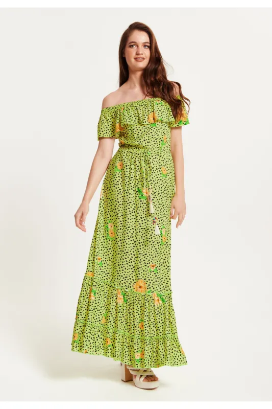 Animal And Floral Print Off Shoulder Maxi Dress In Neon Green by Liquorish sold by Goddiva