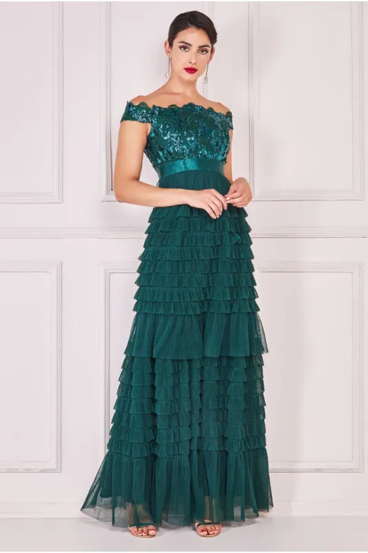 Scallop Bardot Ruffle Mesh Maxi - Emerald Green by Goddiva sold by Goddiva