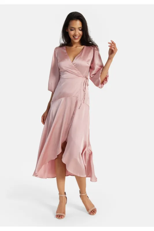 Pink Midi Wrap Dress With Short Puff Sleeves by Liquorish sold by Goddiva
