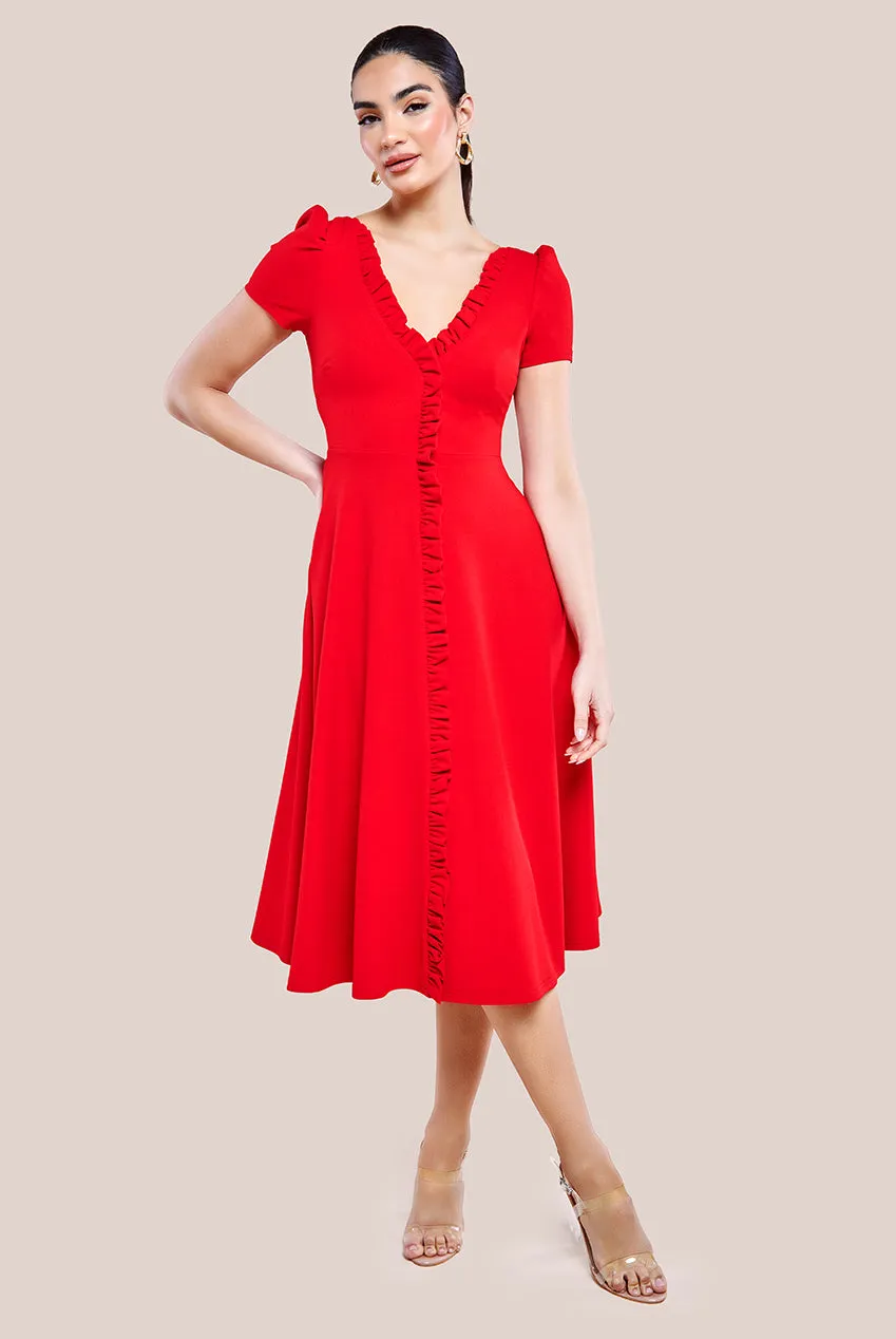 Goddiva Front Frill Flared Scuba Midi Dress - Red sold by Goddiva