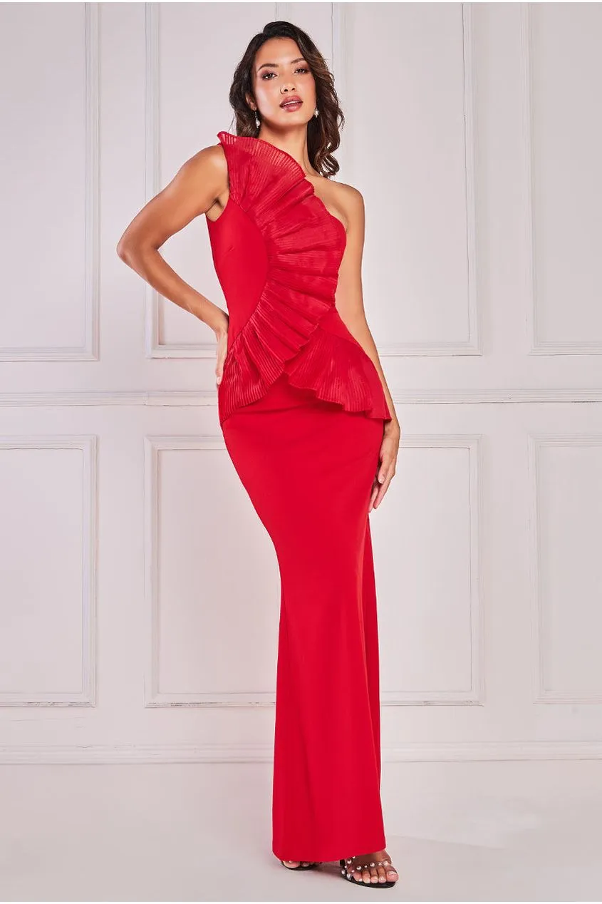One Shoulder Pleated Fan Maxi Dress - Red by Goddiva sold by Goddiva