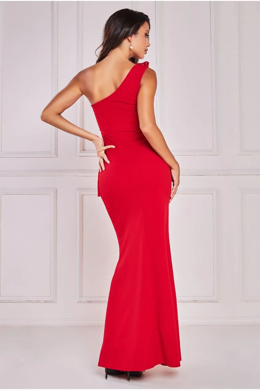 One Shoulder Pleated Fan Maxi Dress - Red by Goddiva sold by Goddiva product image thumbnail 2