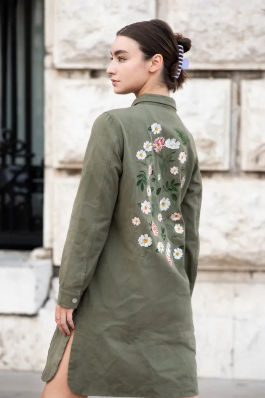 Double Second Khaki Wash Shacket With Embroidery Back sold by Goddiva