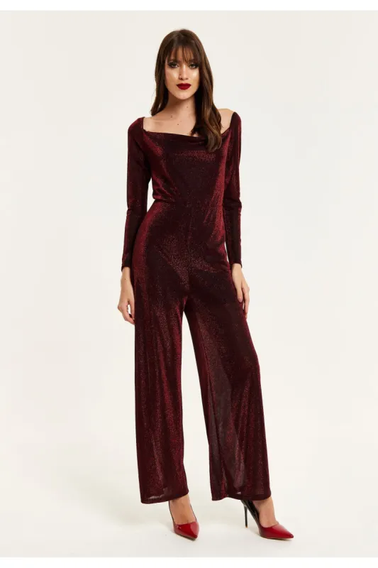 Liquorish Burgundy Cowl Neck Lurex Jumpsuit sold by Goddiva
