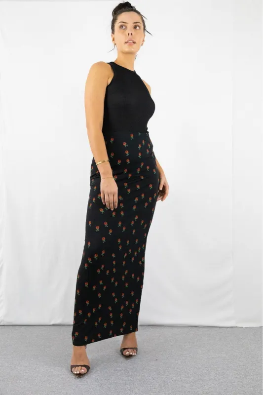 Signage Pencil Maxi Skirt In Red Floral Print sold by Goddiva