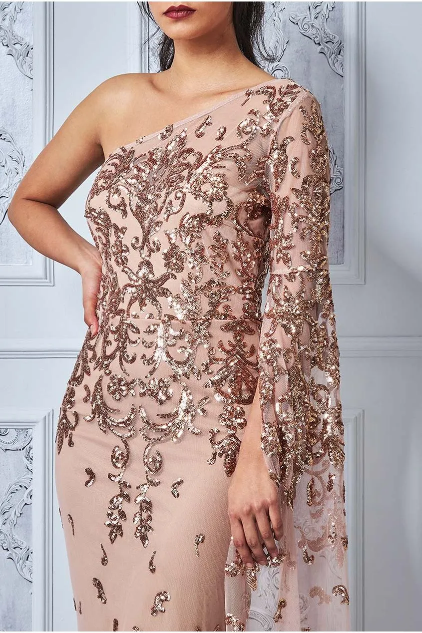 Sequin Mesh One Shoulder Evening Maxi Dress - Champagne by Goddiva sold by Goddiva product image thumbnail 3