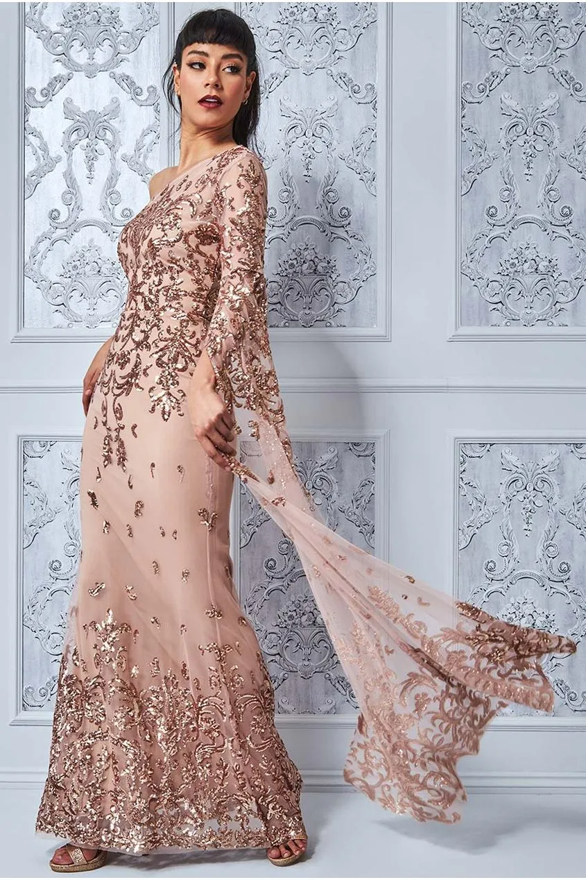 Sequin Mesh One Shoulder Evening Maxi Dress - Champagne by Goddiva sold by Goddiva product image thumbnail 4
