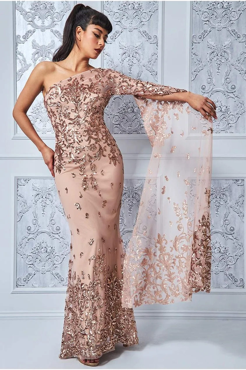 Sequin Mesh One Shoulder Evening Maxi Dress - Champagne by Goddiva sold by Goddiva