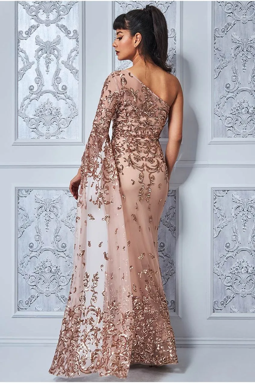 Sequin Mesh One Shoulder Evening Maxi Dress - Champagne by Goddiva sold by Goddiva product image thumbnail 2