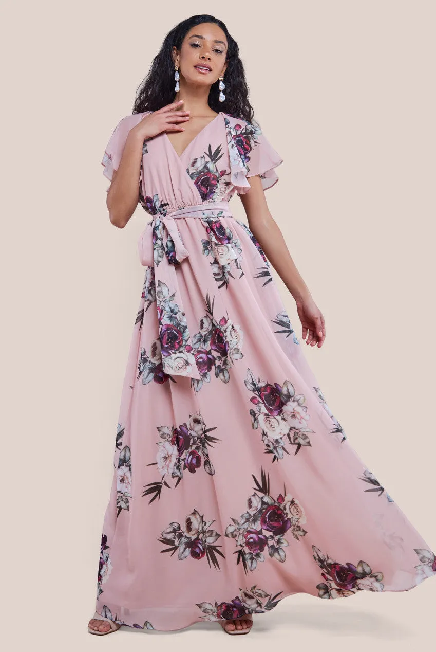 Goddiva Sustainable Printed Flutter Sleeve Maxi Dress - Peach sold by Goddiva