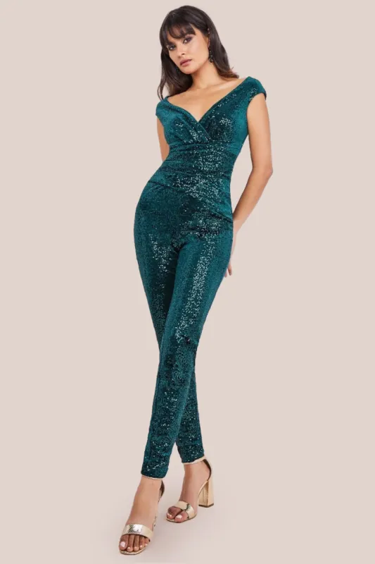 Sequin Velvet Bardot Jumpsuit - Emerald Green by Goddiva sold by Goddiva