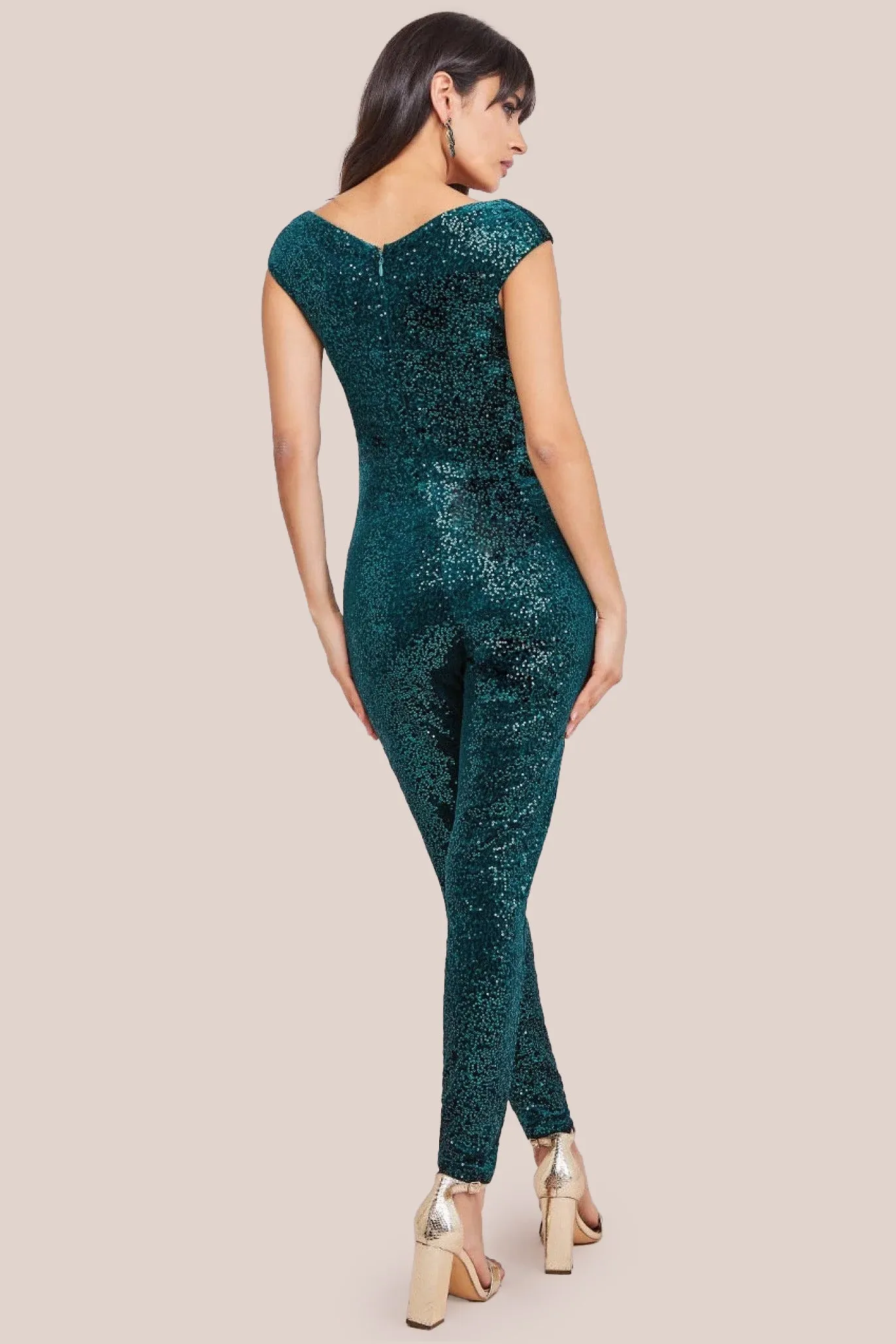 Sequin Velvet Bardot Jumpsuit - Emerald Green by Goddiva sold by Goddiva product image thumbnail 2