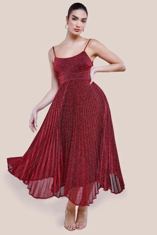 Tie Back Pleated Lurex Skater Midi Dress - Burgundy by Goddiva made by Goddiva