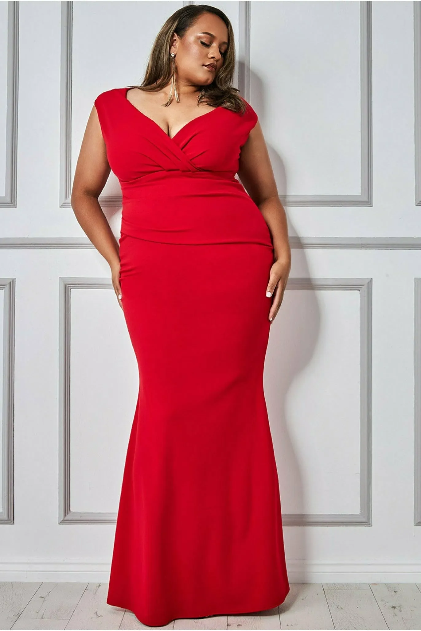 Bardot Pleated Maxi Dress - Red by Goddiva Plus sold by Goddiva