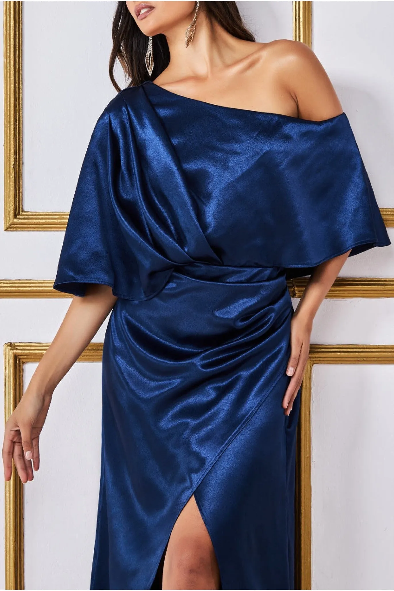 Satin Drape Shoulder Wrap Maxi Dress - Navy by Goddiva sold by Goddiva product image thumbnail 3