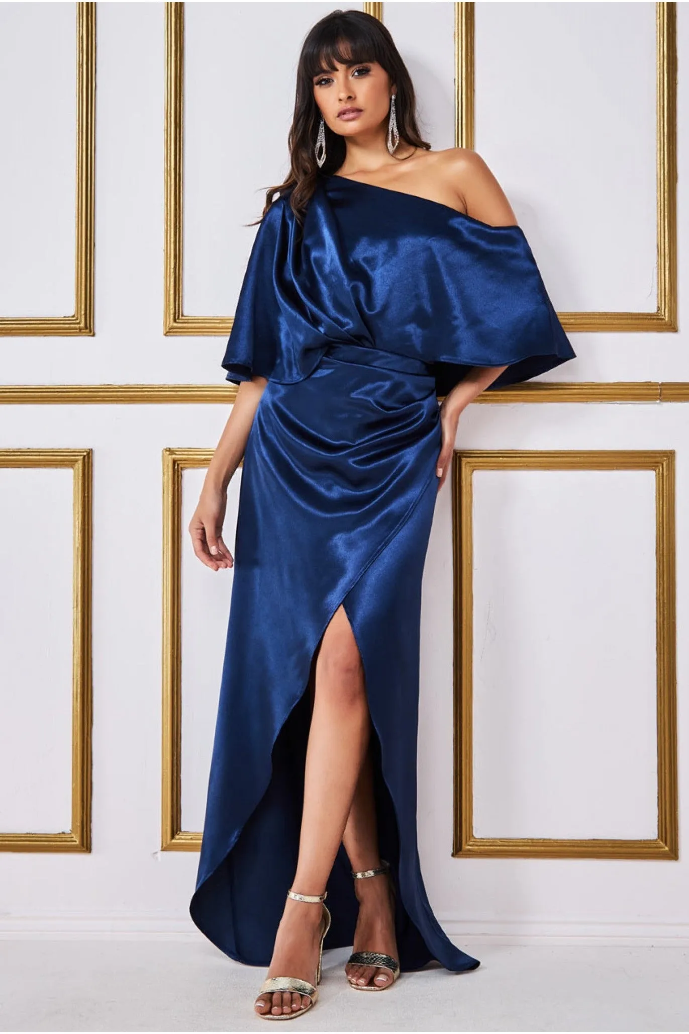 Satin Drape Shoulder Wrap Maxi Dress - Navy by Goddiva sold by Goddiva