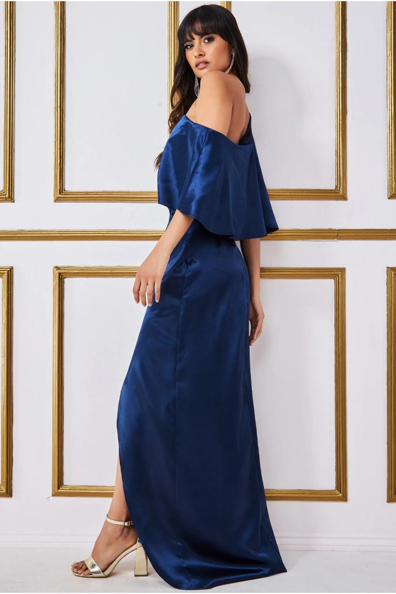 Satin Drape Shoulder Wrap Maxi Dress - Navy by Goddiva sold by Goddiva product image thumbnail 2