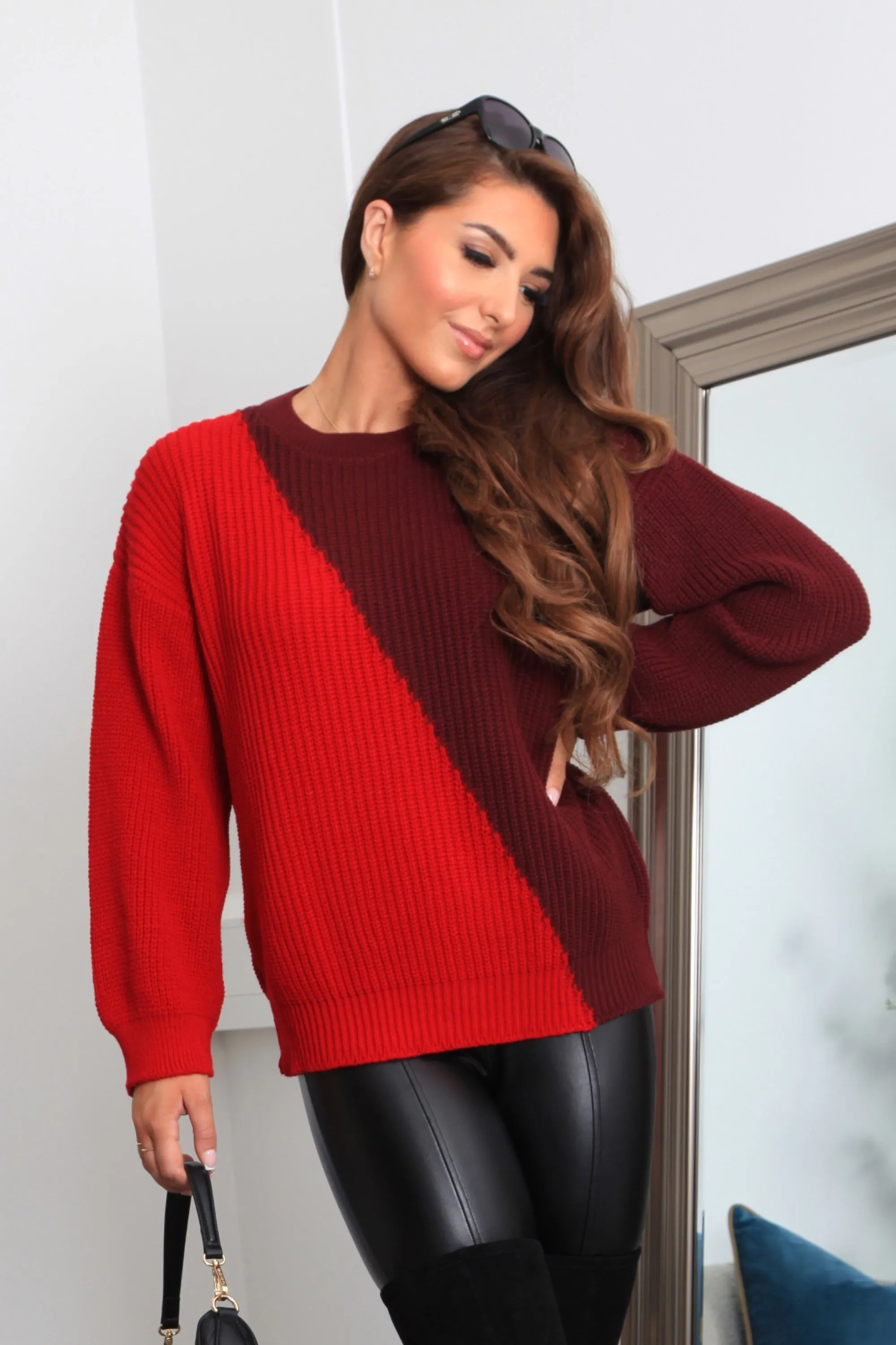 Red And Burgundy Diagonal Contrast Colour Block Oversized Knit Jumper by Double Second sold by Goddiva