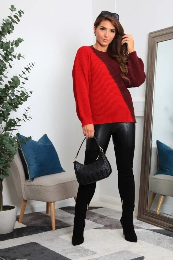 Red And Burgundy Diagonal Contrast Colour Block Oversized Knit Jumper by Double Second sold by Goddiva product image thumbnail 2