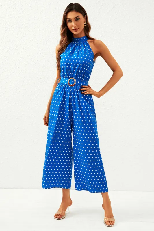 FS Collection Polka Dot High Neck Jumpsuit In Blue sold by Goddiva