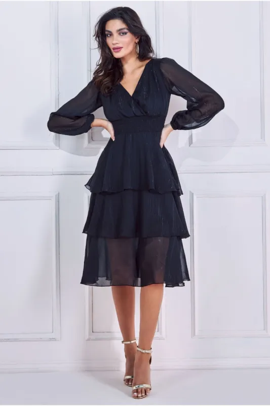 Goddiva Long Sleeve Tiered Midi Dress - Black sold by Goddiva