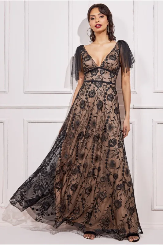 Goddiva Embroidered Lace Maxi Flutter Sleeves - Black sold by Goddiva
