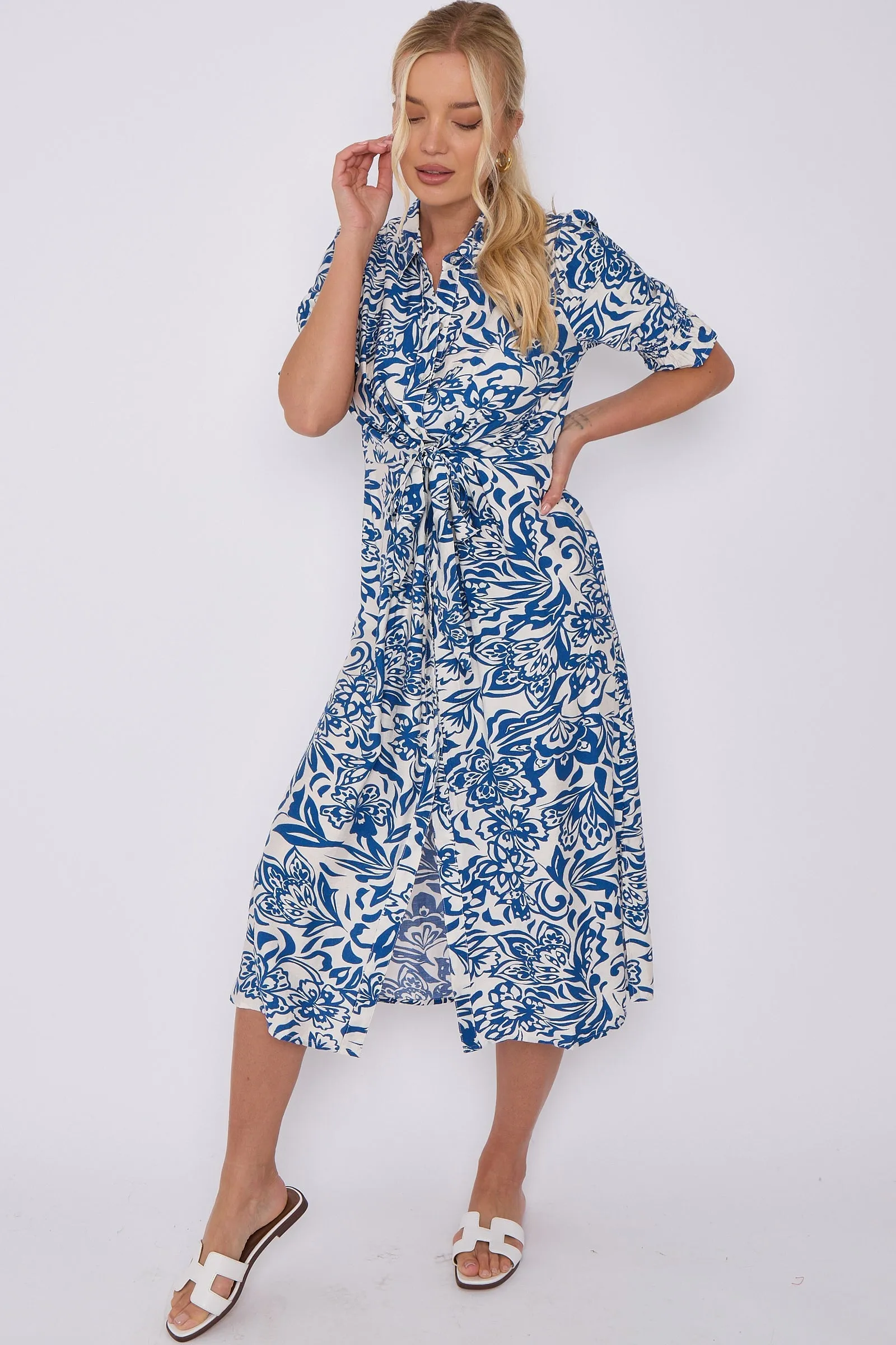 LOVE SUNSHINE Blue Floral Print Baloon Sleeve Knotted Midi Dress sold by Goddiva product image thumbnail 5