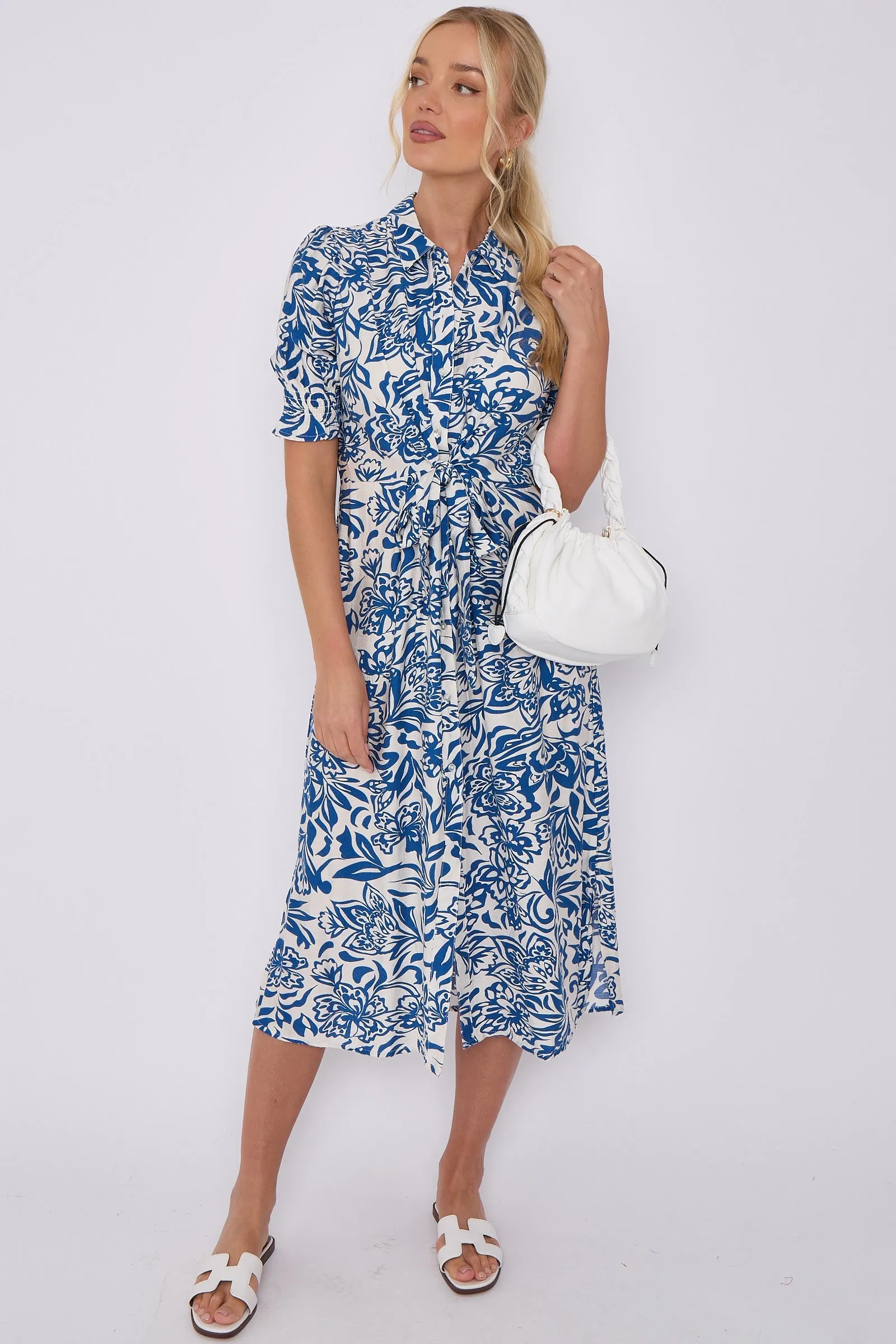 LOVE SUNSHINE Blue Floral Print Baloon Sleeve Knotted Midi Dress sold by Goddiva product image thumbnail 2