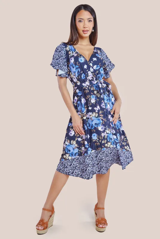 Flutter Sleeve Printed Midi Dress - Navy Print by Goddiva sold by Goddiva