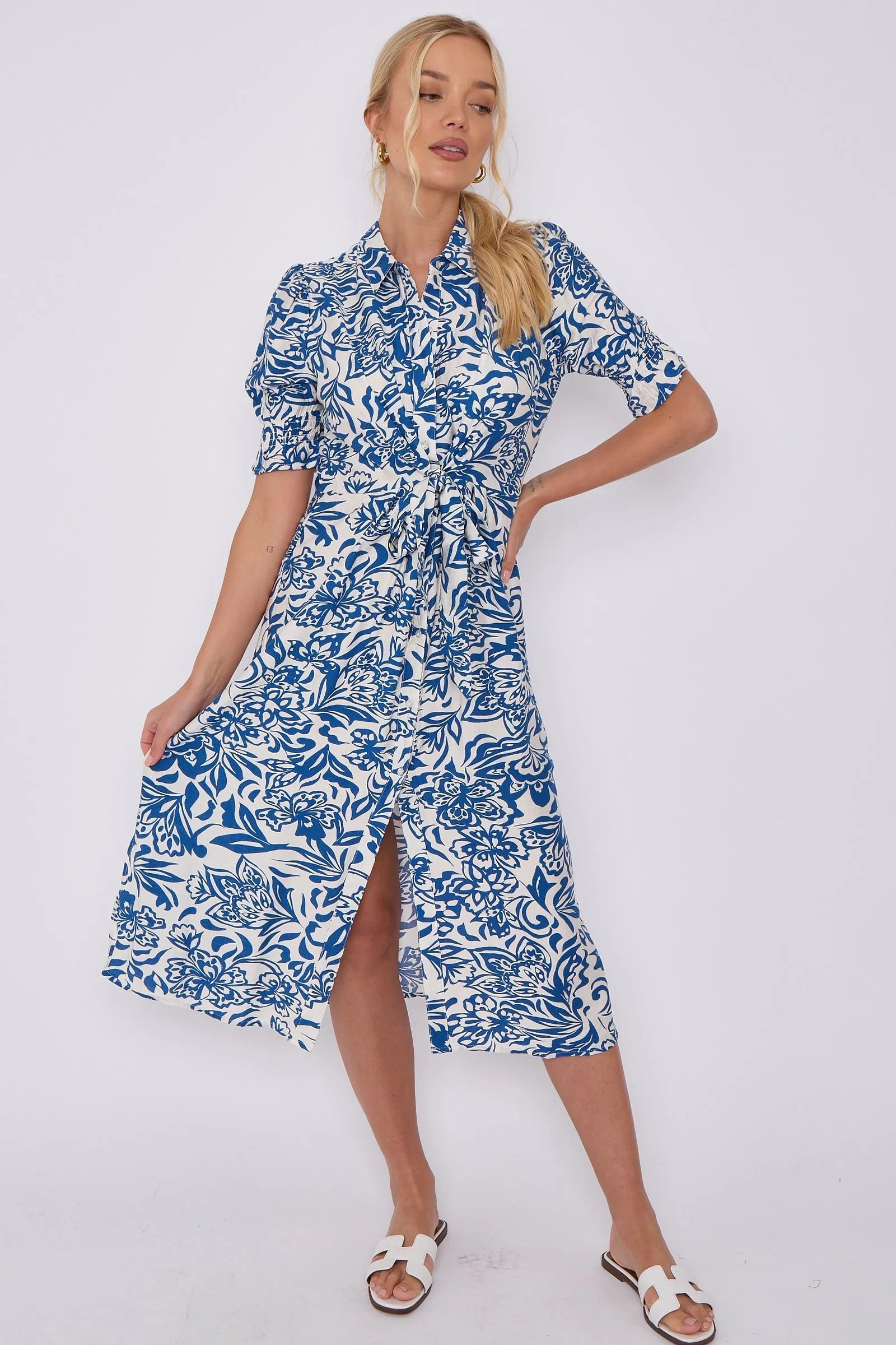 LOVE SUNSHINE Blue Floral Print Baloon Sleeve Knotted Midi Dress sold by Goddiva product image thumbnail 3