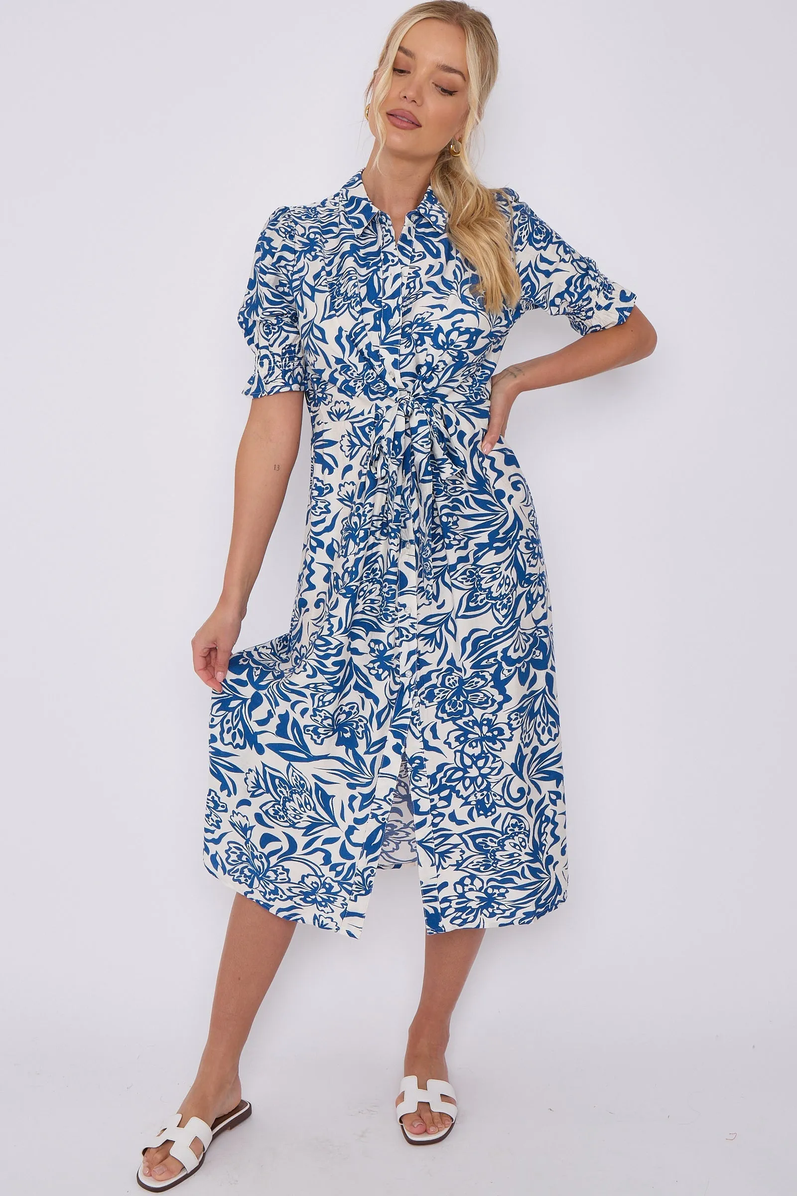 LOVE SUNSHINE Blue Floral Print Baloon Sleeve Knotted Midi Dress sold by Goddiva product image thumbnail 4