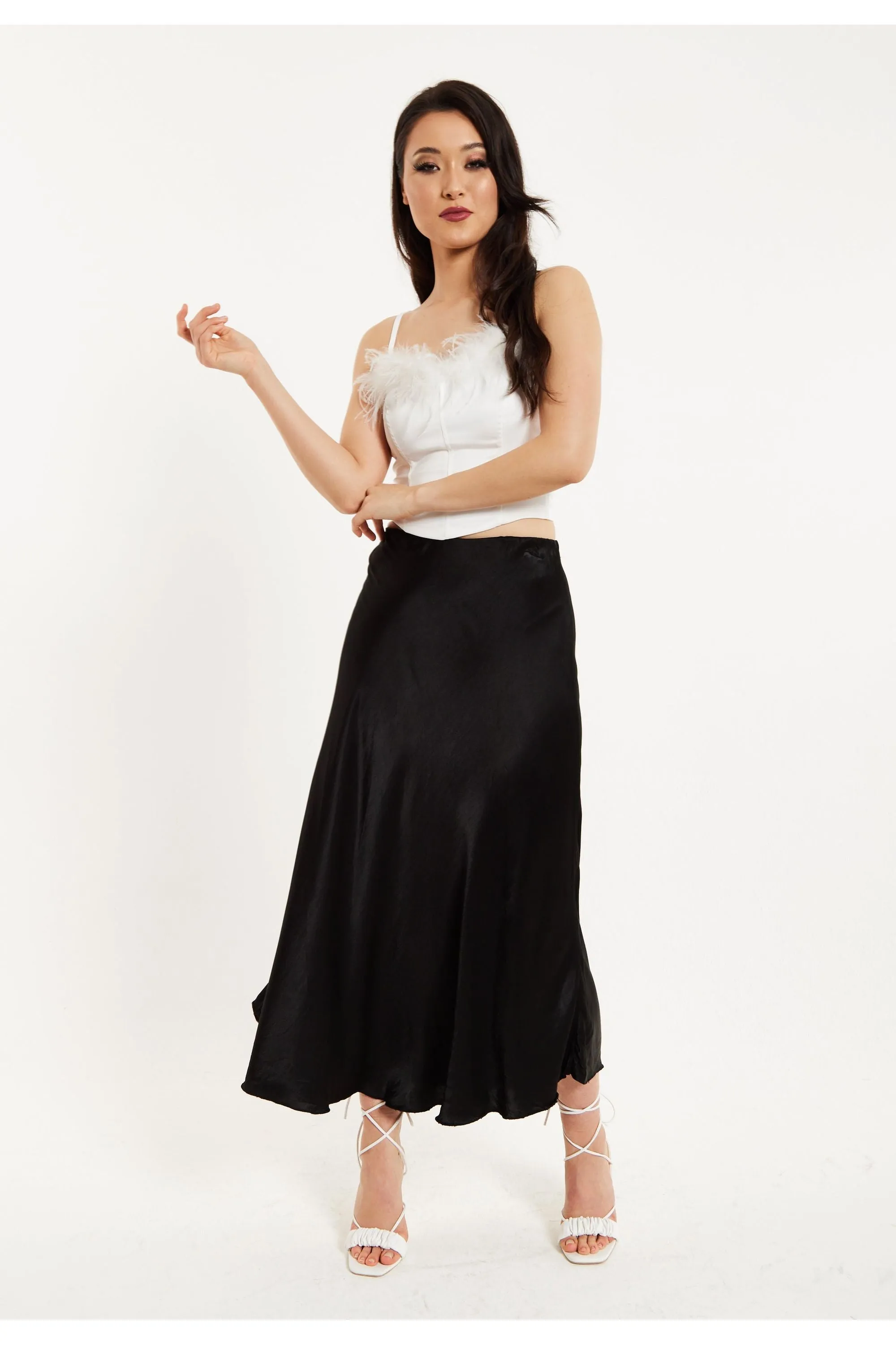 Bias Cut Black Satin Skirt by Liquorish sold by Goddiva