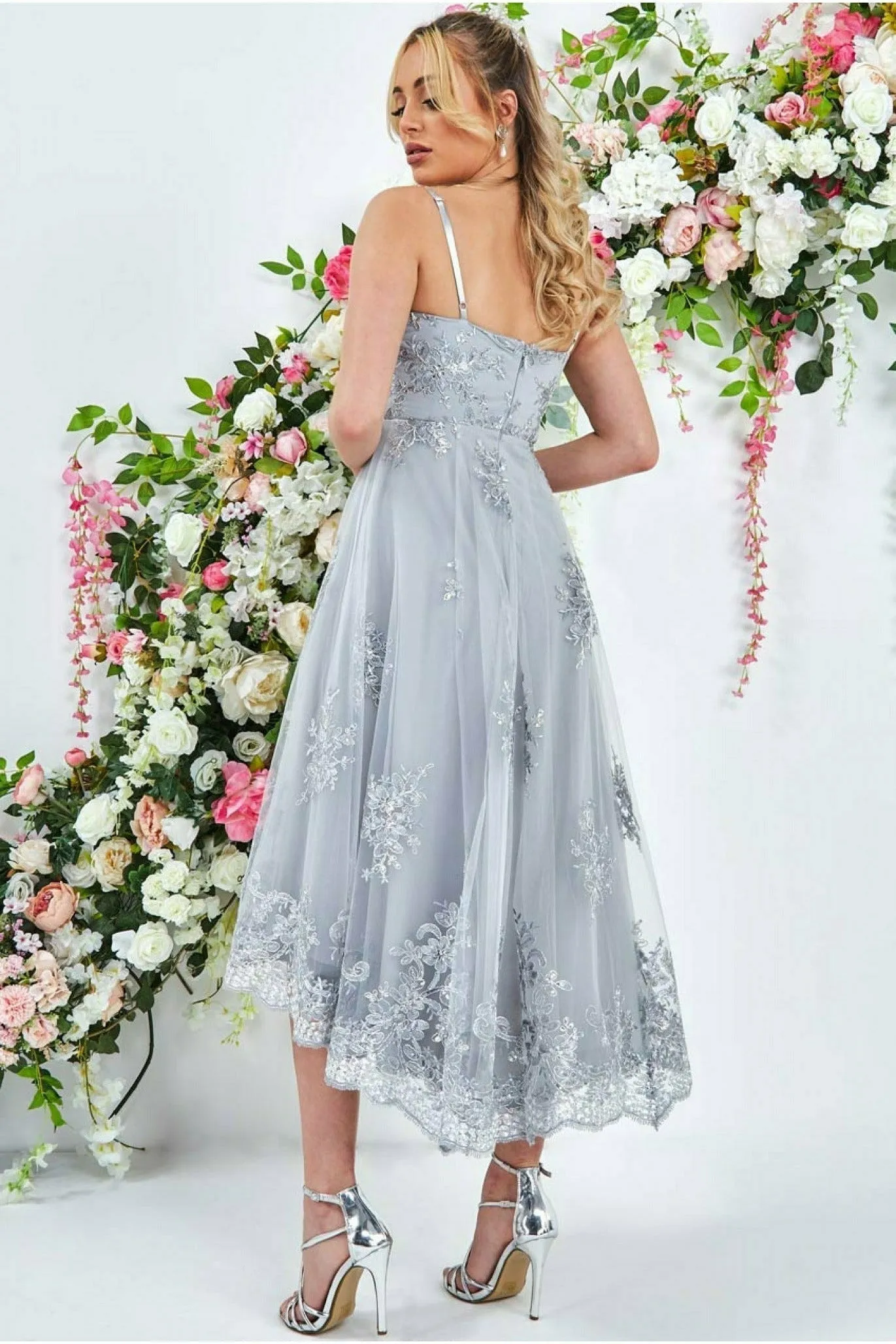 Goddiva High Low Scalloped Midi Dress - Silver sold by Goddiva product image thumbnail 3