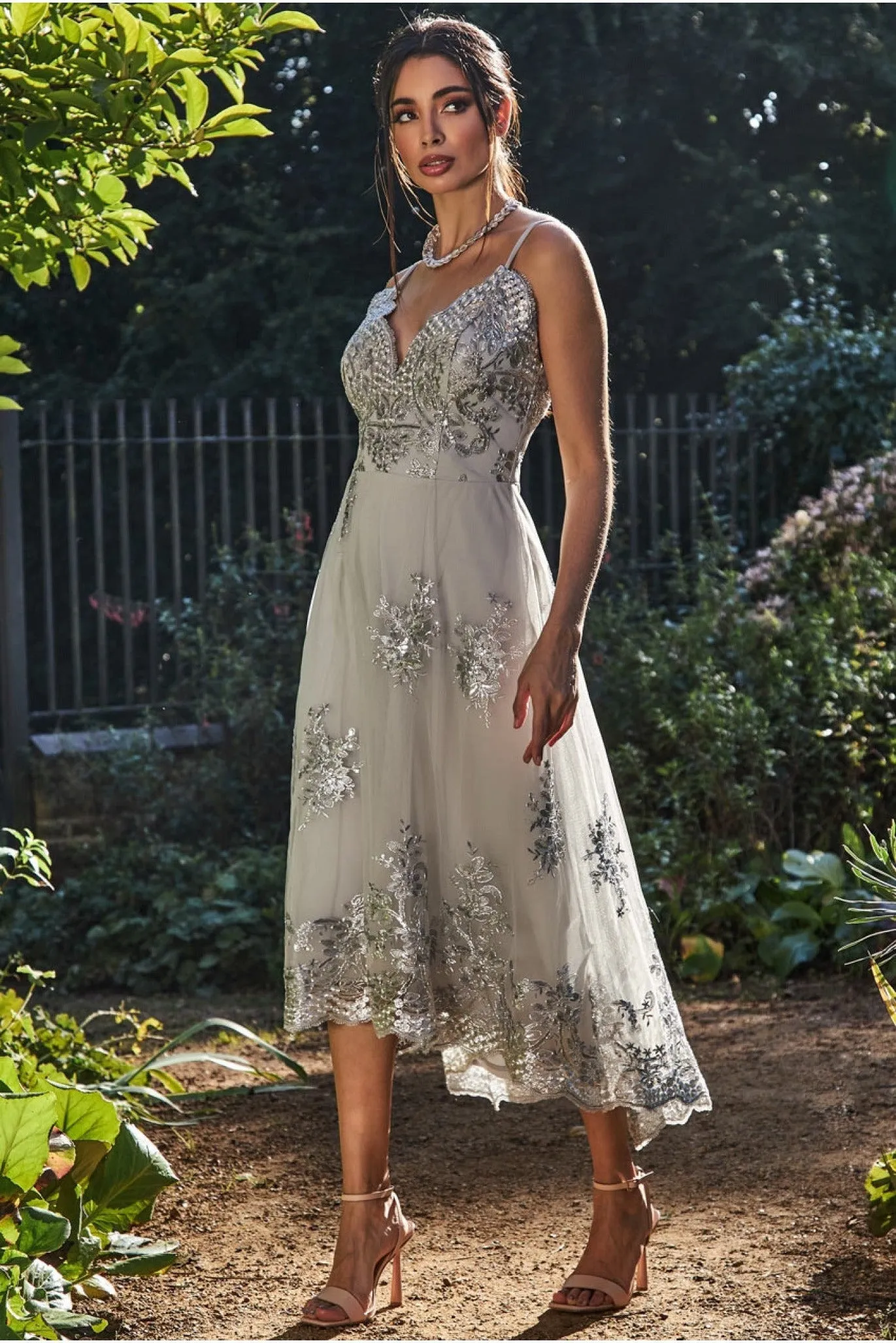 Goddiva High Low Scalloped Midi Dress - Silver sold by Goddiva