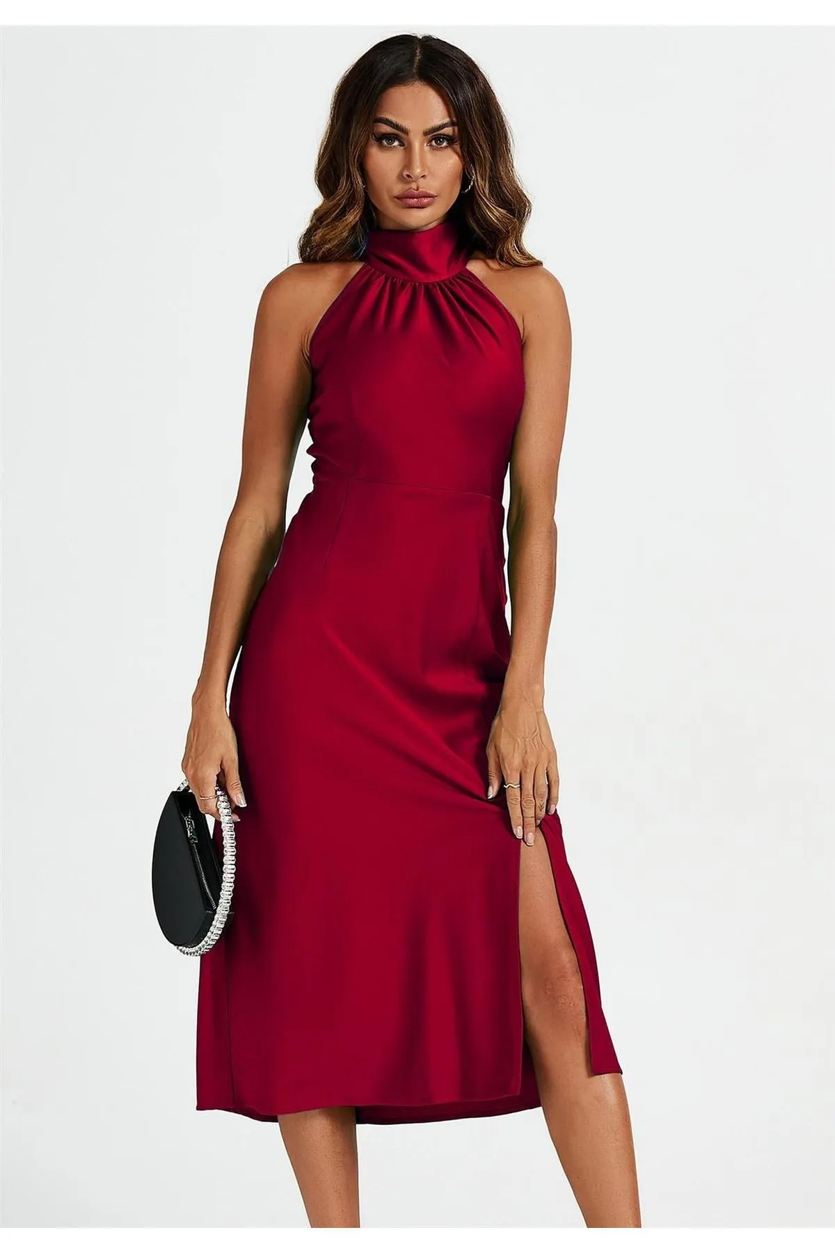 FS Collection Satin Halter Neck Tie Back Midi Dress In Red sold by Goddiva product image thumbnail 5