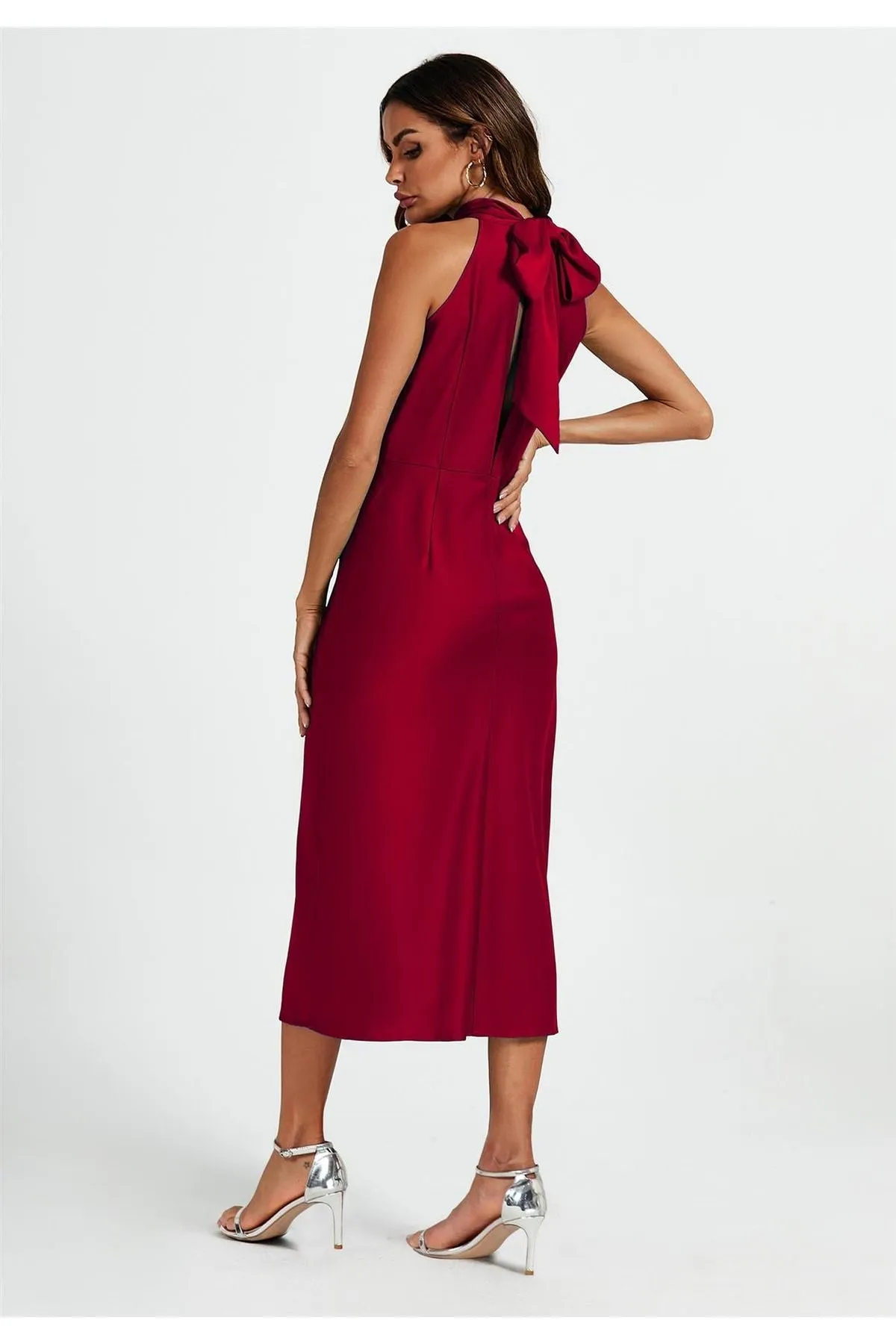 FS Collection Satin Halter Neck Tie Back Midi Dress In Red sold by Goddiva product image thumbnail 2