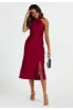 FS Collection Satin Halter Neck Tie Back Midi Dress In Red sold by Goddiva