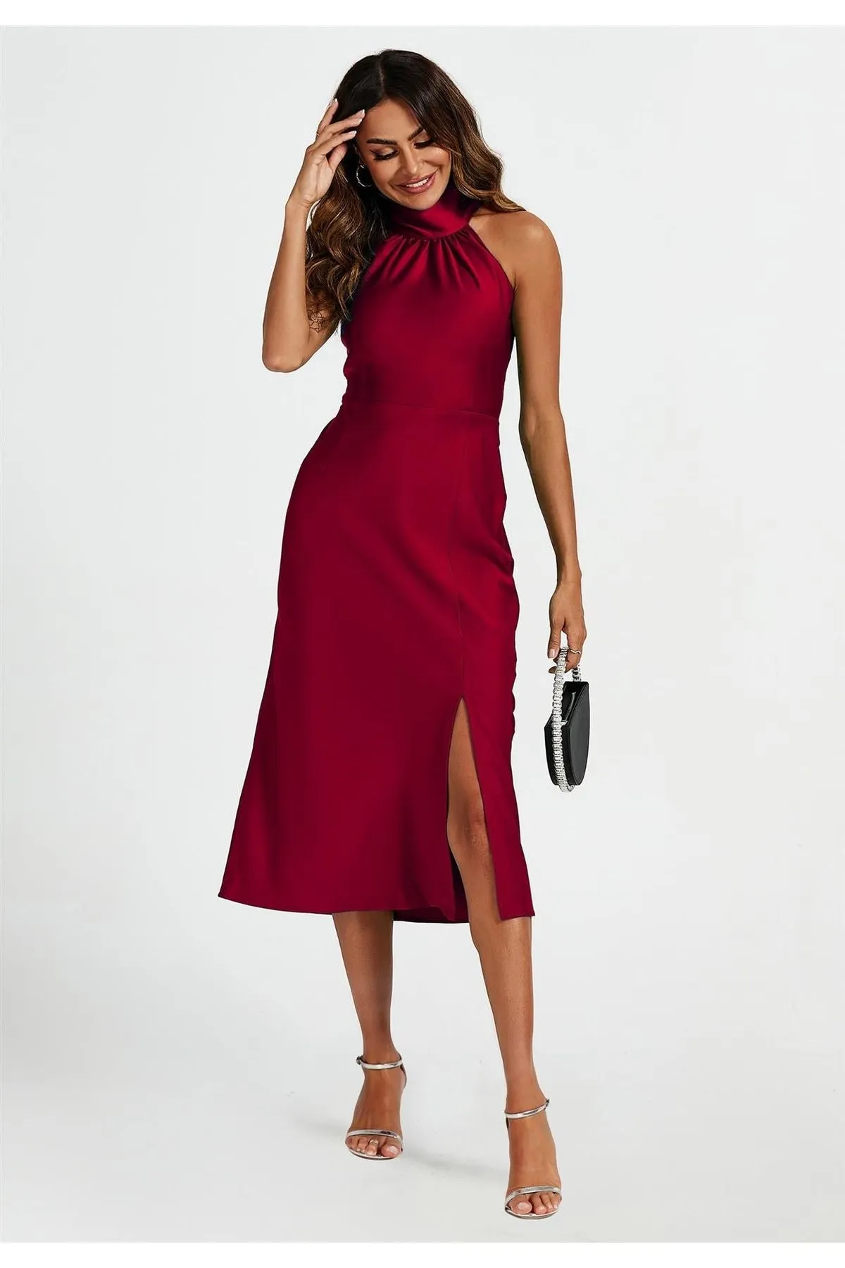 FS Collection Satin Halter Neck Tie Back Midi Dress In Red sold by Goddiva product image thumbnail 3